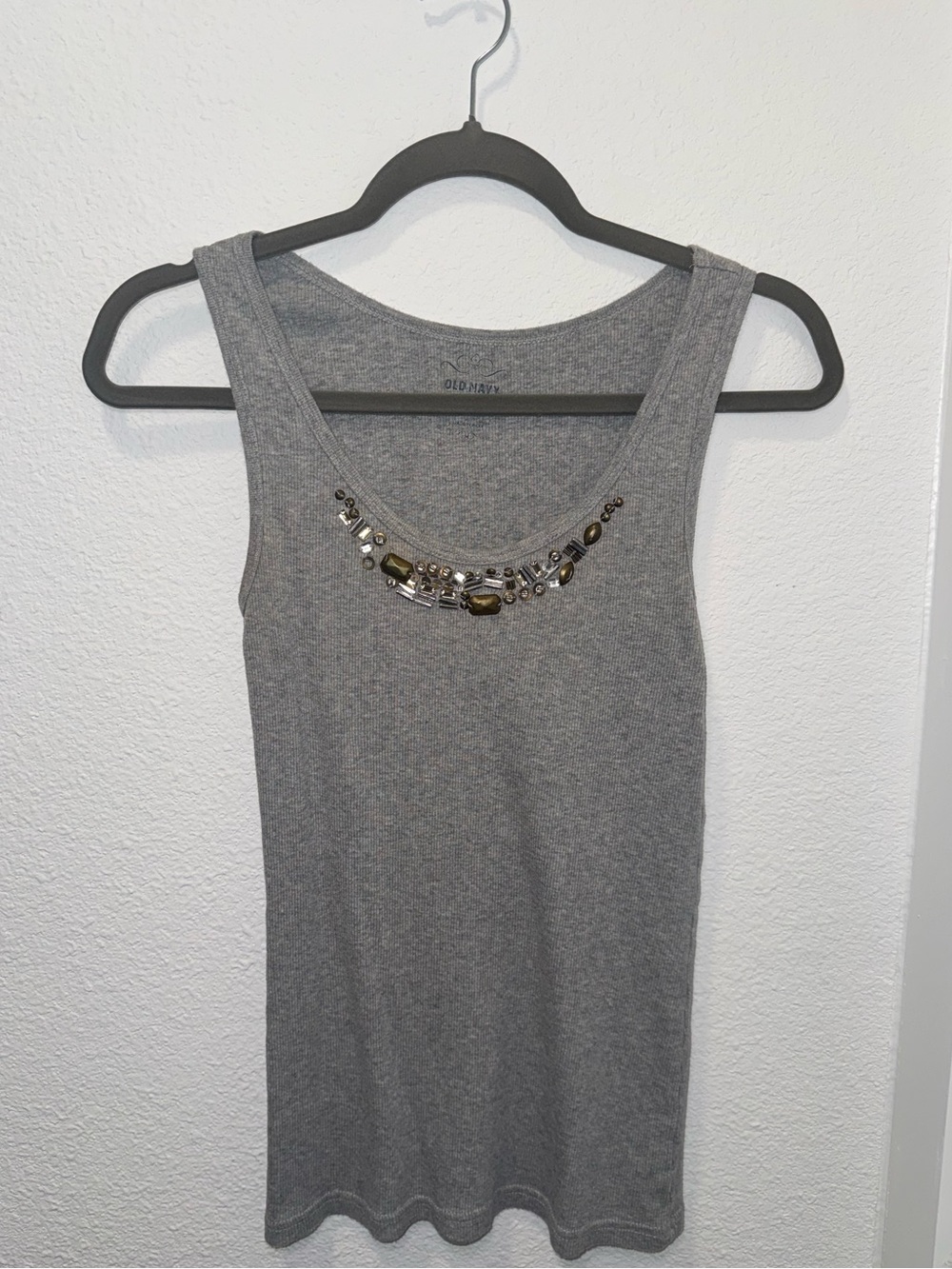 Old Navy Gray Ribbed Tank with Jeweled Neckline
